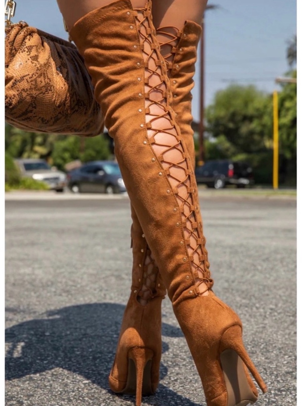 Forever 21 Women's Over-the-Knee Lace-Up Boots - Tan